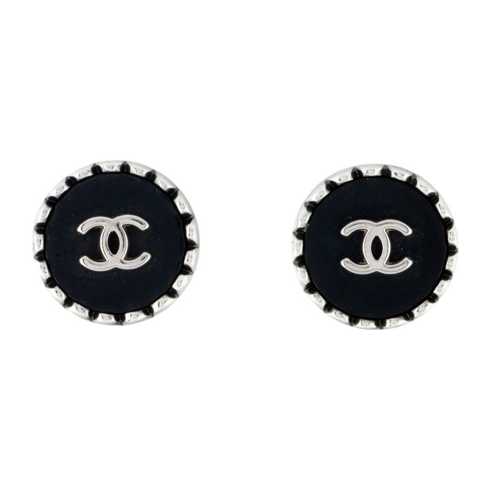 Chanel Vintage 1996 Black Resin Silver Round Cc Logo Clip On Earrings